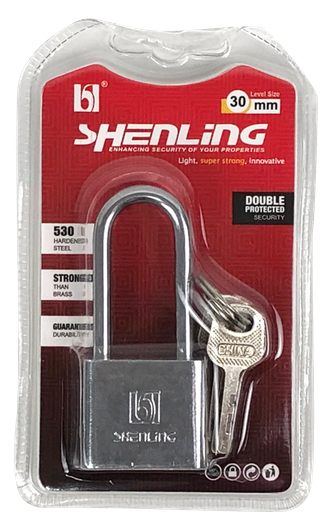 [1006831] แม่กุญแจเหลี่ยมคอยาวหนาเงิน 30mm SHENLING=