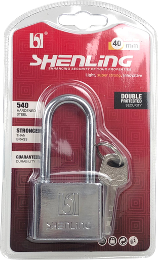 [1006832] แม่กุญแจเหลี่ยมคอยาวหนาเงิน 40mm SHENLING=