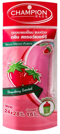 [1005089] ถุงขยะม้วน ขนาด 24x28 นิ้ว กลิ่นสตรอเบอร์รี่ CHAMPION (แพ็ค 15 ใบ)